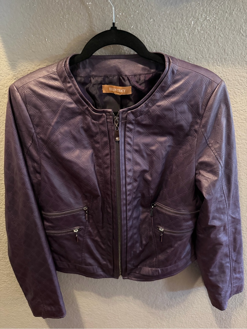 Ellen Tracy Purple LeatherJacket Womens Small Cropped Perforated Y2K Genuine